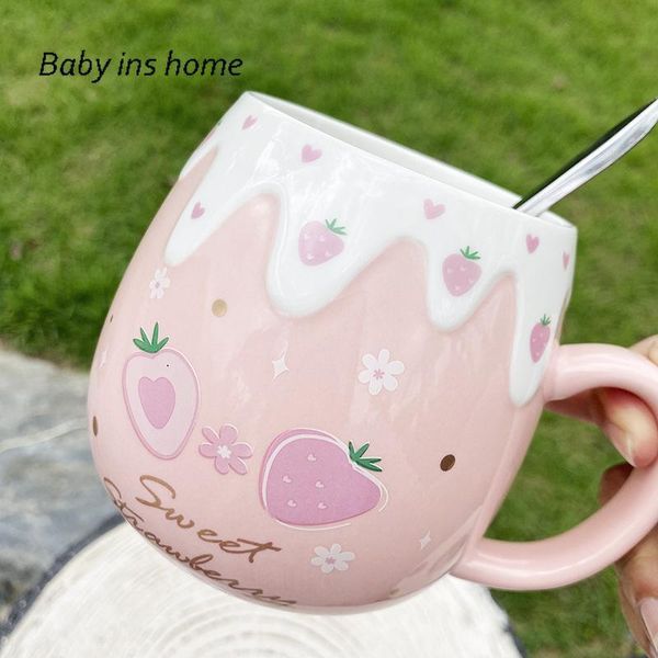 

mugs water cup with lid spoon 400ml japanese style cartoon cute strawberry ceramic creative mug ins couple pink red