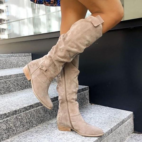 

boots autumn women knee high fashion pointed toe solid color ladies casual boot warm zipper low heel female modern, Black