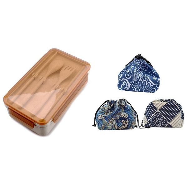 

dinnerware sets 1 set 960ml portable healthy material lunch box & 6 pcs tote bag japanese drawstring bento pouch