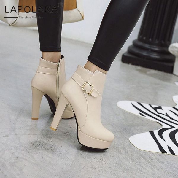 

boots lapolaka 2021 brand super high heels zipper woman's shoes trendy waterproof buckle decoration ladies, Black
