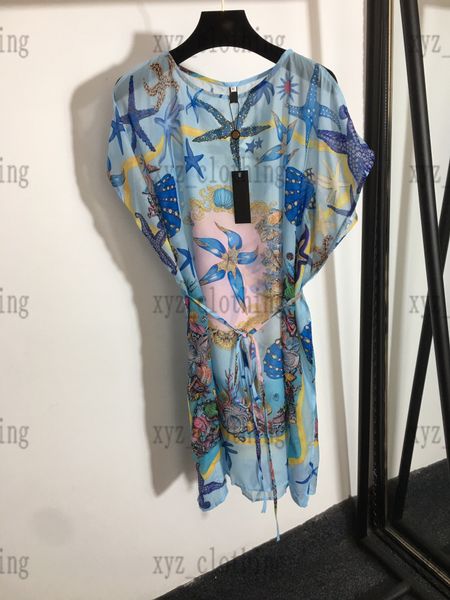 

brand womens designer dress dropped shoulder dresses 2022 summer new starfish shell print high-end button fly small collar waist drawstring, Black;gray