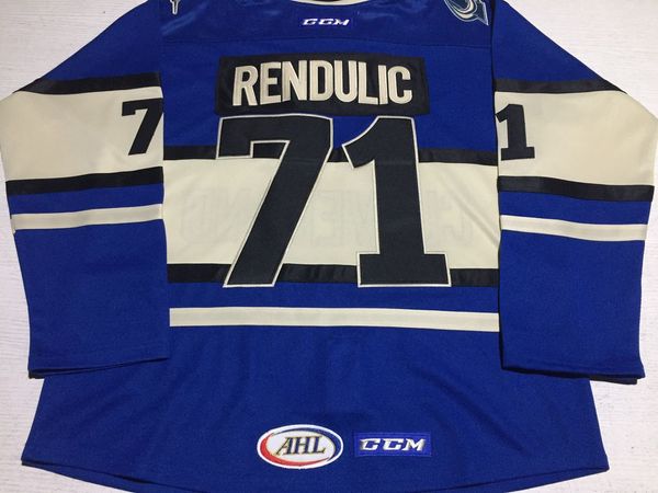 Personalizza Maglia AHL #71 Borna Rendulic Hockey Cleveland Lake Erie Monsters Premier CCM Blu Beige Ed S-5XL