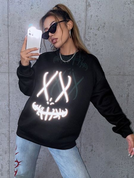 

reflective cartoon print drop shoulder pullover d2lt#, White;black