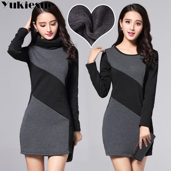 

Winter warm fleece dress women 2021 turtleneck long sleeve patchwork pencil mini dresses womens OL office work wear bottom, O-neck