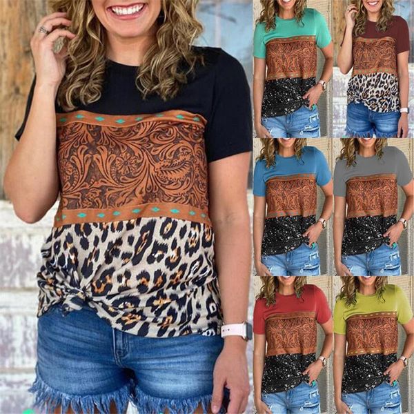 

women's t-shirt european and american blouse summer print short sleeve lady leopard stitching retro pullover, White