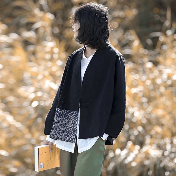 

johnature women black cotton linen jackets patchwork print floral pockets spring bat sleeve vintage women jackets coats 210521, Black;brown