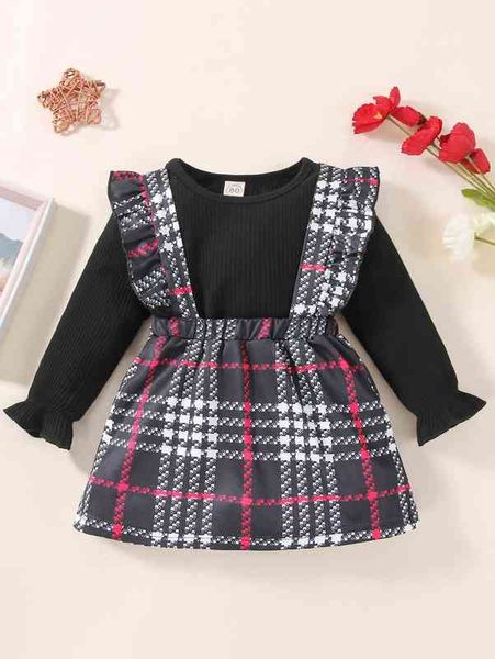 

baby flounce sleeve bodysuit & plaid ruffle trim overall dress she, White