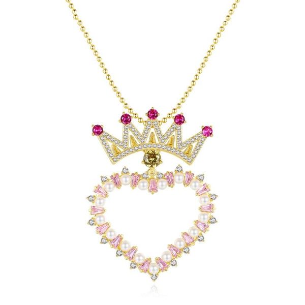 

sweet love imitation pearl heart pendant necklaces long chain women fashion jewelry crown kolye femme christmas gift chains, Silver
