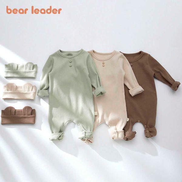 Bärenführer Baby-Jungen-Mädchen-koreanische Art-beiläufige Strampler geborene einfarbige Kleidung voller Hülsen-Frühlings-Overalls mit Stirnband 210708