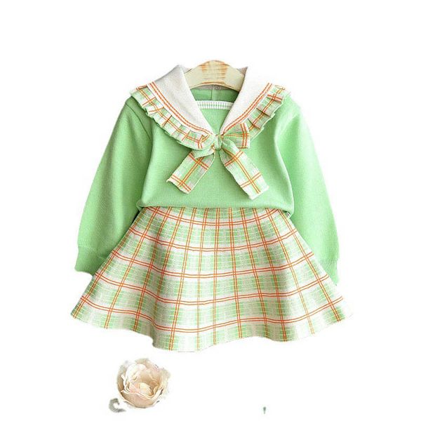

girls sweater sets kids clothing baby clothes outfits autumn winter cotton plaid long sleeve knitting patterns sweaters short skirts childr, Blue
