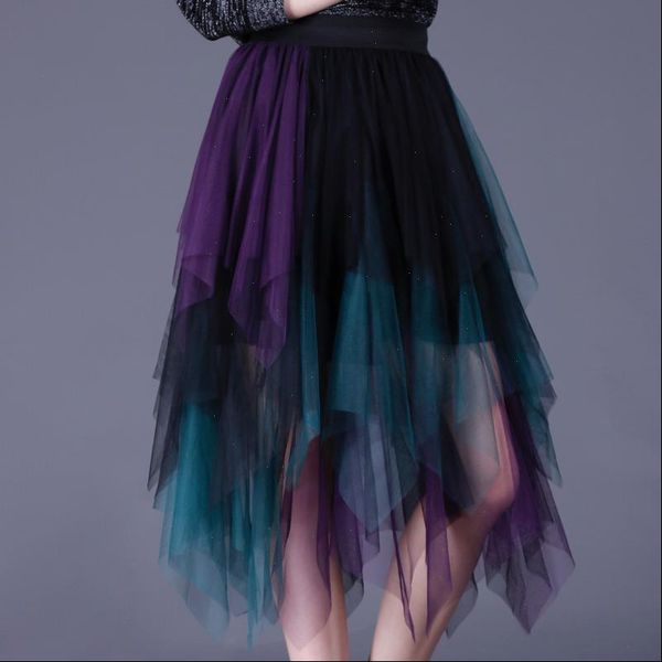 

[ewq] faldas womens skirts elegant high waist elastic all match casual contrasting irregular pleated mesh skirt 16q27105b drop, Black