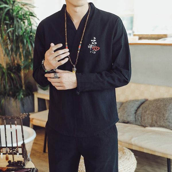 

ethnic clothing chinese style men cotton linen retro han tang suit slim tunic costume men's pants white long sleeves, Red