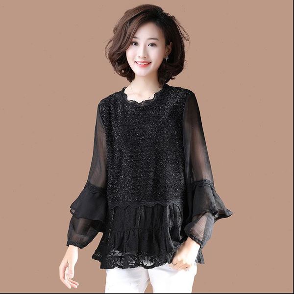 

women spring womens shirt autumn style loose lace blouses shirts lady casual long sleeve mesh patchwork o neck blusas, White