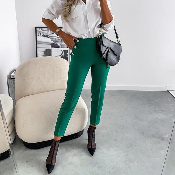 

women's pants & capris women high waist 2021 skinny slim elastic pure button pockets pencil autumn female office trousers winter, Black;white