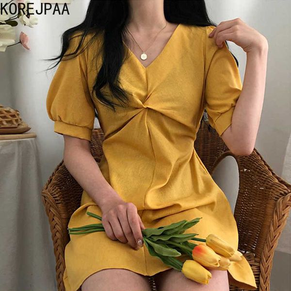 

korejpaa women mini dress summer korean chic elegant temperament v neck kink design waist slim bubble sleeve dresses female 210526, Black;gray