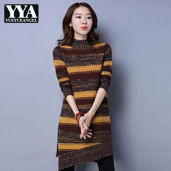 

women's sweaters red green yellow sweater striped elegant turtleneck long pullovers female high neck knitted dress women clothes fashio, White;black