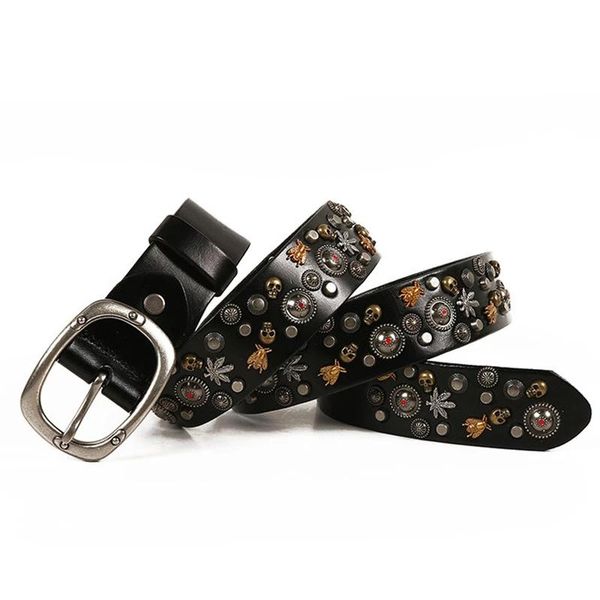 

belts layer luxury designers genuine leather men alloy pin buckle rivets belt women's casual for jeans male, Black;brown