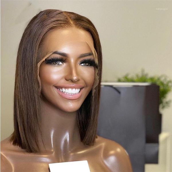

glueless dark brown blunt cut short bob lace wig synthetic for black women with baby hair natural hairline cosplay wigs1
