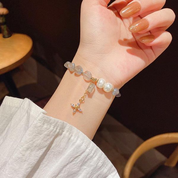 

link, chain korean fashion trend personality natural pearl bracelets for women simple versatile temperament exquisite cross pendant bracelet, Black