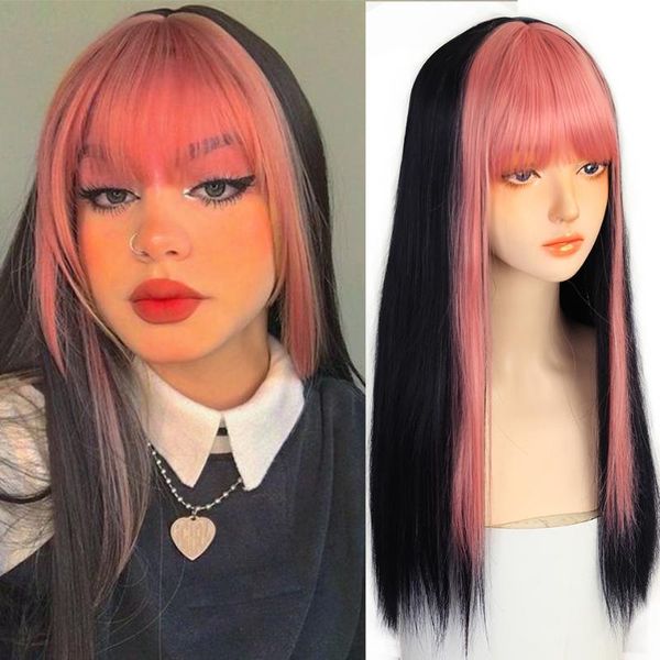 

synthetic wigs houyan golden bangs dyed long straight hair wig women's natural gradient color heat-resistant, Black