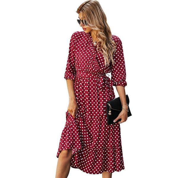 Maxi abito vintage a pois da donna casual con scollo a V a tre quarti elegante da donna con volant a trapezio