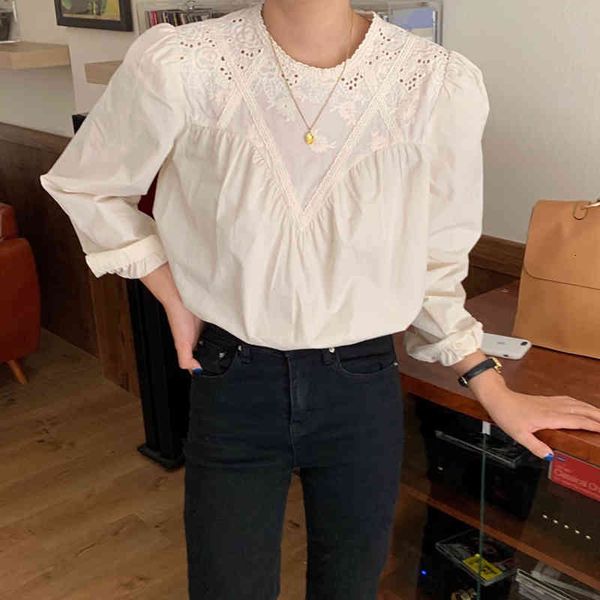

women's blouses & shirts lamtrip cotton 100% lace patchwork embroidery korean chic lady white lanyern sleeve shirt sweet udzv