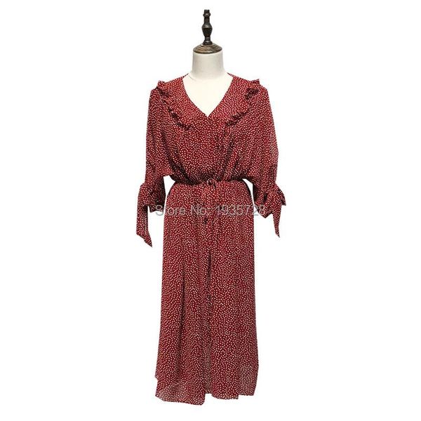 

casual dresses 2021 summer women red/black v-neck polka dot midi dress with ruffle details - ladies vintage style loose slim-fit long, Black;gray