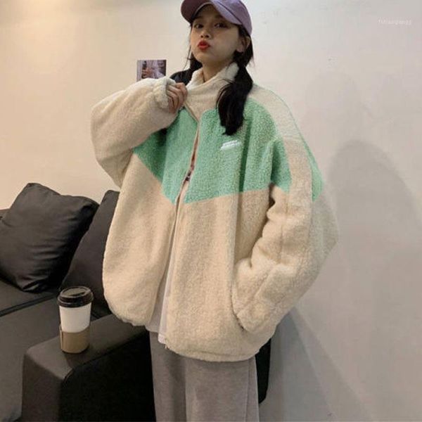 

women's jackets 2021 harajuku embroidery lamb wool patchwork large letter jacket women cotton fashion casual thick coat streetwear, Black;brown
