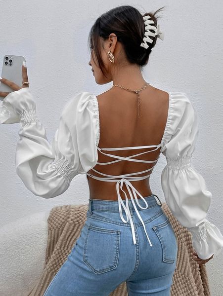 

lace up back flounce sleeve hanky hem crop u2cz#, White