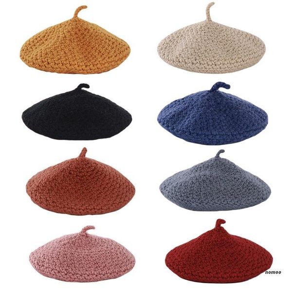 

berets women winter knitted beret solid color chunky crochet painter beanie hat, Blue;gray
