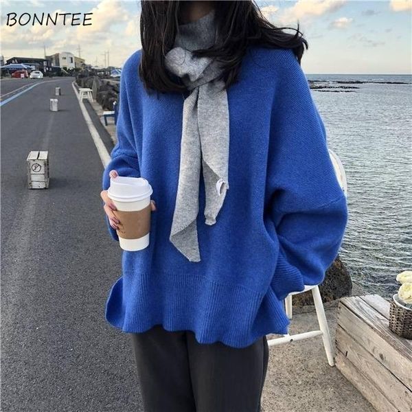 

women's sweaters women vintage side-slit design elegant autumn basic simple thick ladies knitwear o-neck soft all-match woman pullover, White;black