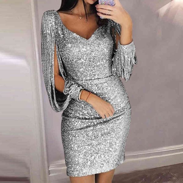 

lantern sleeve sequin tassel women v neck bodycon dresses summer fashion elegant party dress sequined vestidos 8l1509, Black;gray