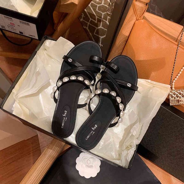 

summer fashion women sandals flat shoes luxury pearl slipper indoor outdoor flip-flops beach female slippers 60% off store online, Black