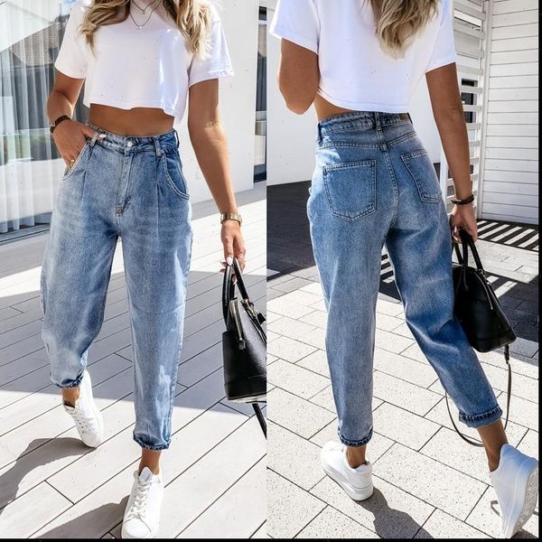 

harem denim pants womens jean high waist washed autumn winter bleached casual trousers baggy work vintage, Blue