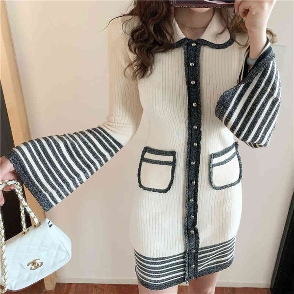 

dresses designer luxury women turn down collar long sleeve female fashion slim mini knitted es, Black;gray