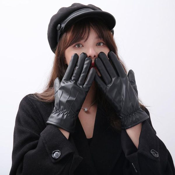 

five fingers gloves couple plus thick velvet winter outdoor riding pu leather touch screen autumn and black, Blue;gray