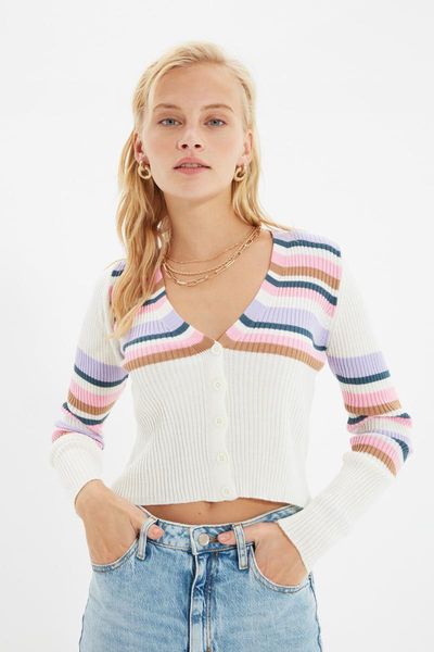 

women's knits & tees trendyol striped crop knitwear cardigan twoaw22hi0936, White