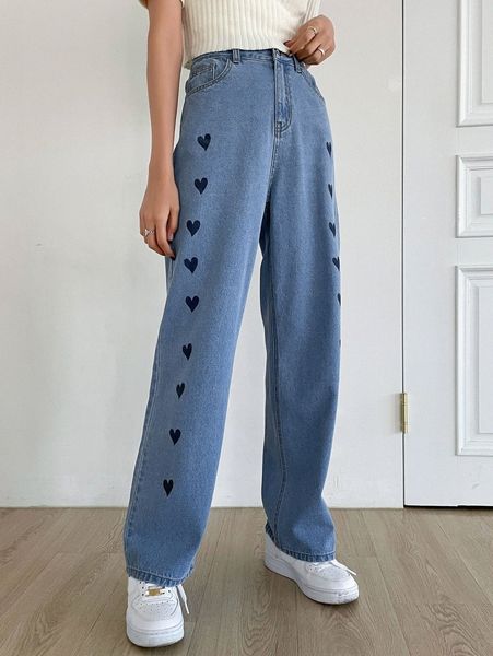 

dazy high waist heart embroidery straight leg jeans 85cm#, Blue