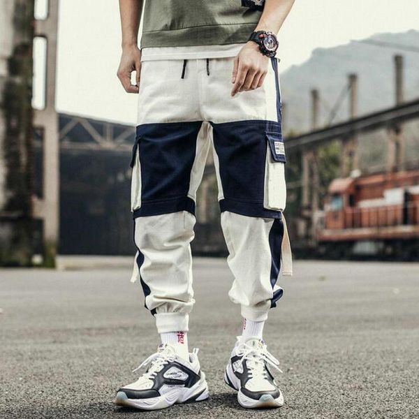 

ribbons harem joggers men cargo pants streetwear 2021 hip hop casual pockets track male harajuku fashion trousers men's, Black