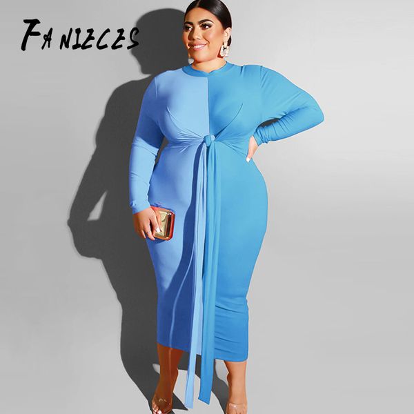 Estate autunno donna manica lunga o collo aderente abito aderente femminile party club abiti a metà polpaccio plus size 5XL drop 210520