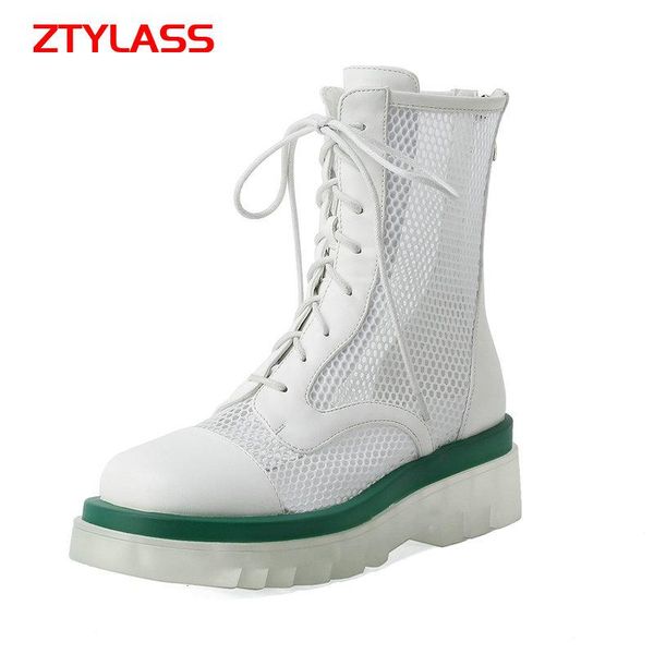 

boots fashion transparent thick high heel women ankle genuine leather summer mesh ladies zipper cross tied platform shoes, Black