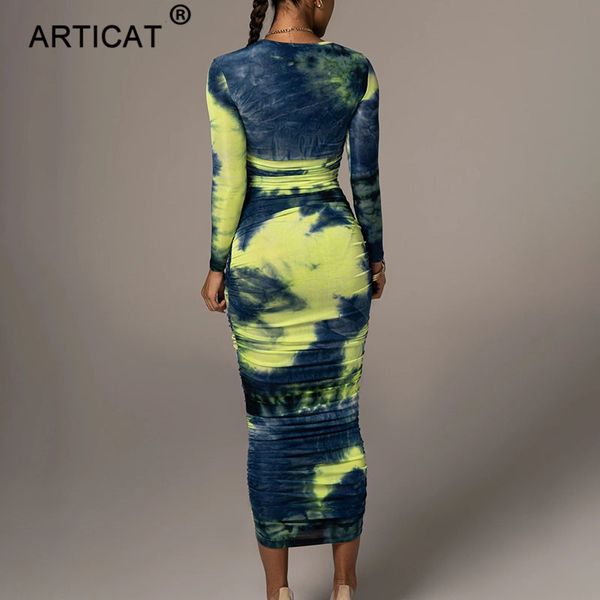 

2021articat tie-dye print ruched christmas dress for women long sleeve bodycon winter dress elastic pleated casual party dress, Black;gray