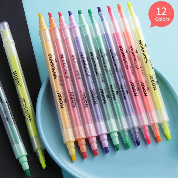 

12colors dual tip highlighter pens chisel tips art marker pen for children students adults drawing journaling office home school highlighter, Black;red
