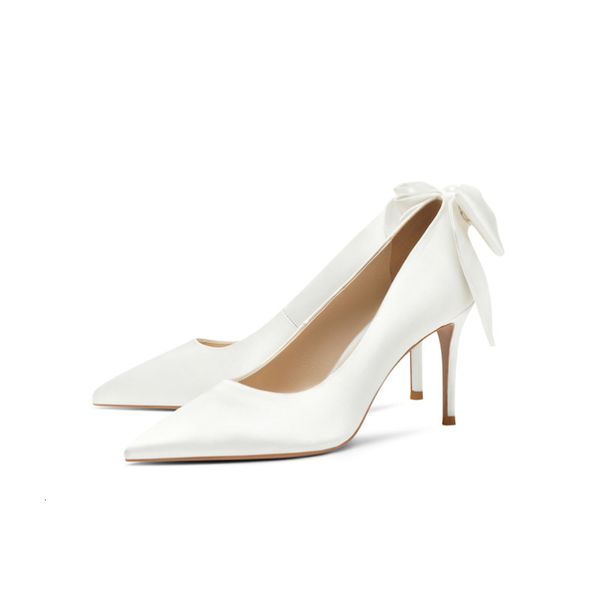 

sandals satin pointed bridal wedding shoes spring 2021 white bow banquet dress single comfortable small stiletto heels women 7hzd, Black