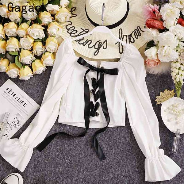 

& club spring/autumn shirt women patchwork square collar bow puff sleeve slim wild and blouses k3997 210531, White