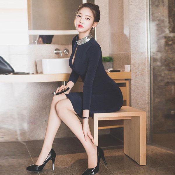 

casual dresses fashion cheongsam style women dress neck-beading slim fit autumn winter 2021 vestido de festa with dark blue color, Black;gray