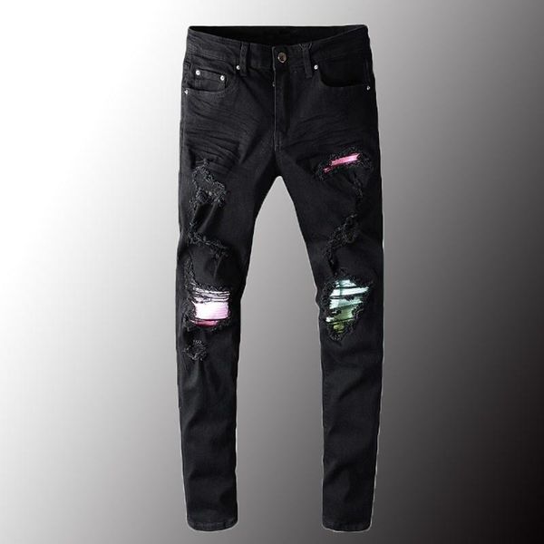 

men's jeans luxe heren coloured spotted patchwork black biker streetwear slim skinny ripped stretch denim broek plus size 40, Blue