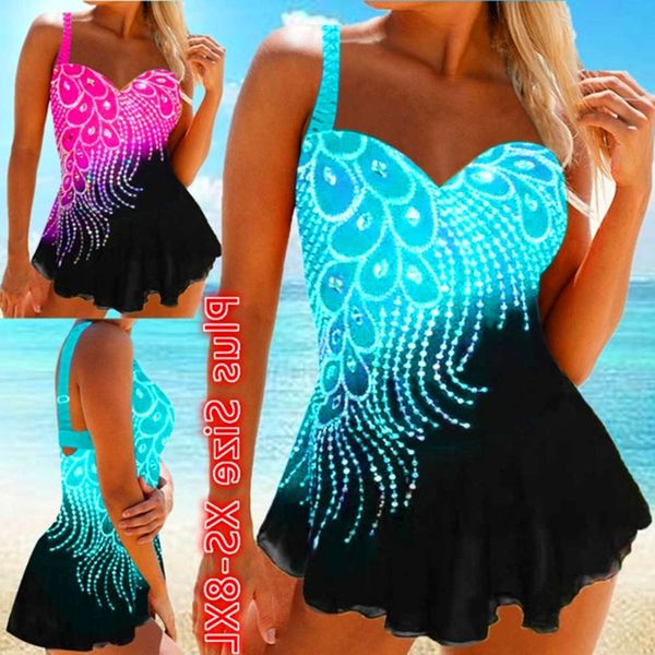 

split swimsuit with feather print and contrast stitching slim bikini, White;black