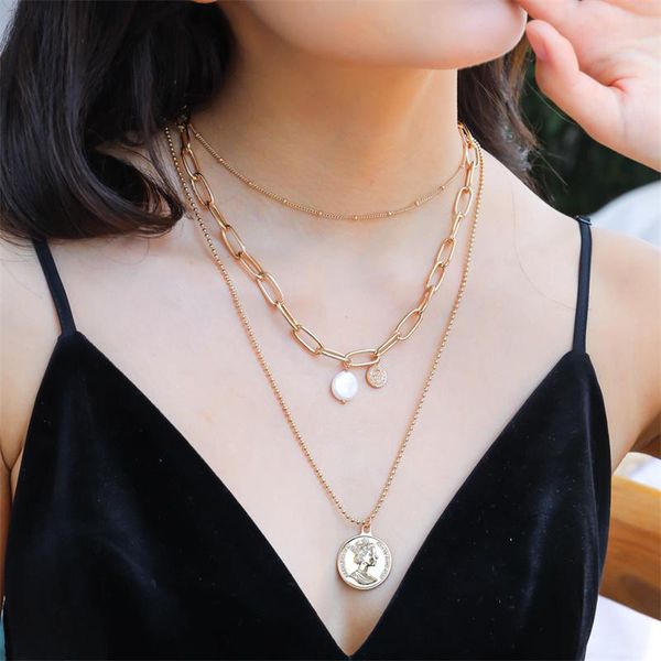 

pendant necklaces 2021 retro necklace women's gold-tone elizabeth coin baroque pearl layered clavicle chain, Silver