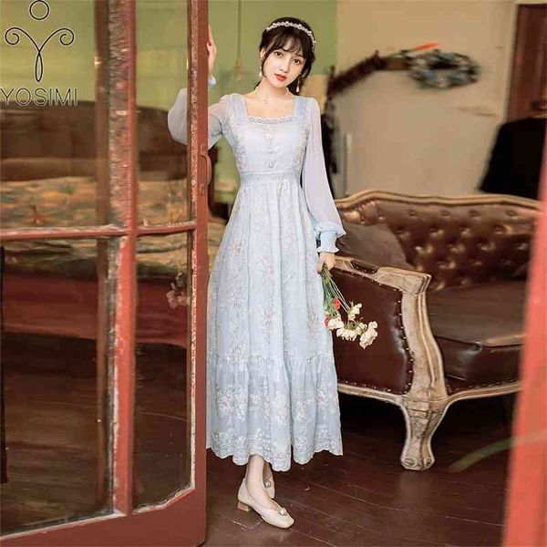 

yosimi floral embroidery dress autumn square collar mid-calf fit and flare beige lace long sleeve women elegant 210604, Black;gray